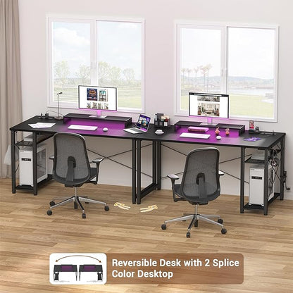 armocity Computer Desk with LED Lights, Gaming Desk with Power Outlet and USB, 40 Reversible Laptop Table with Moveable Monitor Stand, Small Desk for Small Spaces, Office, Gaming Room, Black
