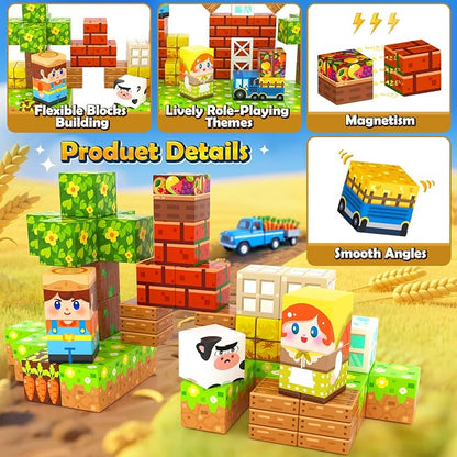 Soyee Magnetic Blocks Travel Toddler Toys Magnet Building Tiles Construction Cubes STEM Sensory Learning Farm Toys with Box Christmas Birthday Gifts for Kids Ages 3 4 5 6 7 8 Year Old Boys Girls