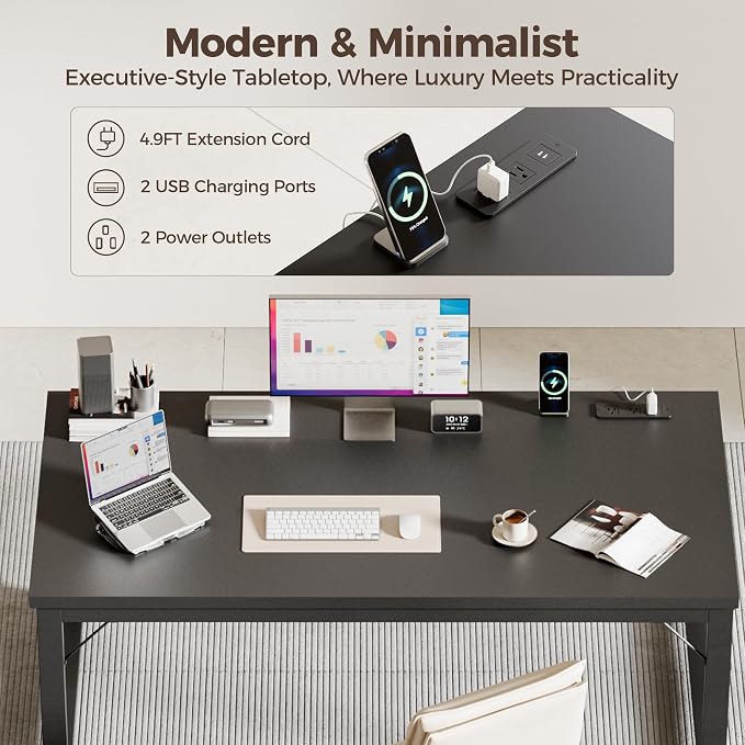Mericonia 54 Inch Computer Desk with Power Outlets, 1.2" Thick Office Table | Modern Simple Style, Heavy Duty Industrial Frame, Study & Writing Table for Home Bedroom Work, Black