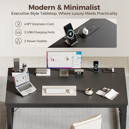 Mericonia 54 Inch Computer Desk with Power Outlets, 1.2" Thick Office Table | Modern Simple Style, Heavy Duty Industrial Frame, Study & Writing Table for Home Bedroom Work, Black