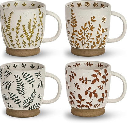 18 Oz Large Ceramic Coffee Mug Set of 4 - Rustic Handmade Floral Mugs with Handle, Microwave Safe for Latte Espresso Cappuccino Tea Cocoa Milk, Modern Unique Big Cups for Kitchen Women