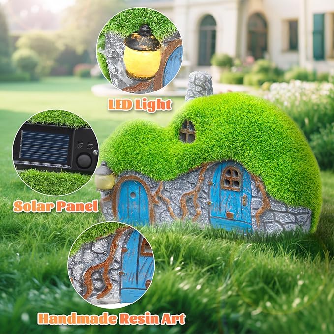 Outdoor Figurine Lights Garden House Statue - Outdoor Statues with Solar Lights Garden Cottage Lighting Figurines for Home or Yard Decor