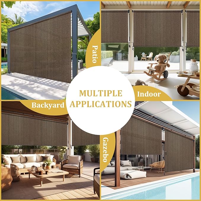 Shade&Beyond Outdoor Roller Shades with Splicing Design, 6' W x 8' H Cordless Patio Roll Up Blinds, Exterior Shade Cloth Roll for Porch, Gazebo, Pergola, Balcony, Mocha