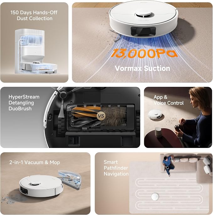 dreame D20 Plus Robot Vacuum and Mop, Detangling DuoBrush for Pet Hair | 13,000Pa Suction, Self-Emptying with 5L Dust Bag, LDS Mapping, App & Voice Control, Ideal for Hard Floors & Carpets
