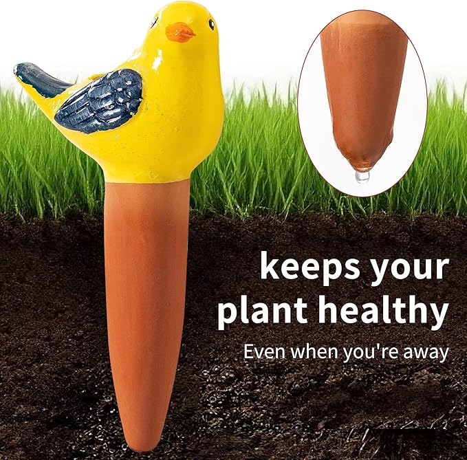 4 Pack Self Watering Bird Shaped Globes, Terracotta Vacation Planters Devices with Slow Release Automatic Watering Spikes, Plant Watering Pots for Indoor and Outdoor Potted Plant