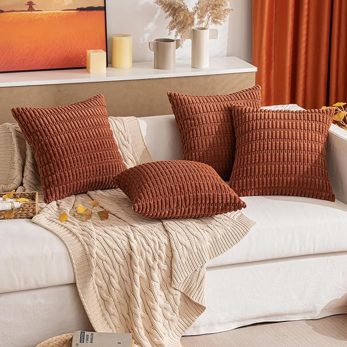 MIULEE Fall Pack of 2 Dark Rust Corduroy Decorative Lumbar Pillow Covers 20x12 Inch Soft Boho Striped Throw Pillow Covers Modern Farmhouse Home Decor for Sofa Living Room Couch Bed