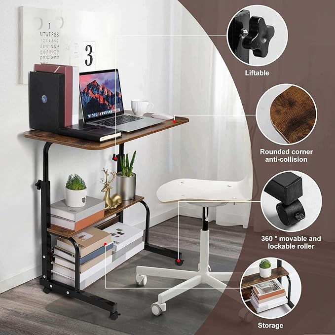 Portable Computer Desk Adjustable Home Office Desk Bedside Universal Movable Table Small Spaces Furniture Storage Convenient Desk Home Office Living Room Sofa Desk Size 15.7 * 31.5 Inch,Brownish