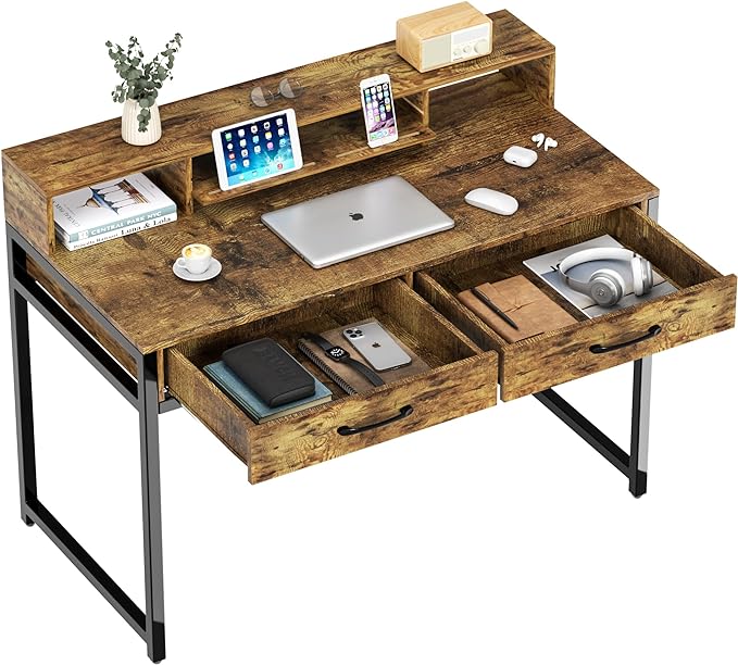 Computer Desk with Drawers, 47" Home Office Desk with Monitor Shelf, Writing Desk with Storage, Gaming Desk Work Desk Study Desk for Bedroom, Rustic Brown