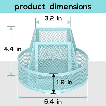 YINGHUA Metal Mesh Desk Organizer with 5 Compartments and Rotating Pencil Holder Pen and Stationery Organizer for Office Home School Anti Slip Base Blue