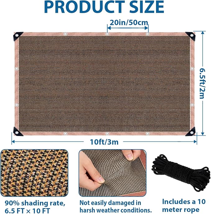90% Sun Shade Cloth with Grommets, 6.5 x 10 FT Pergola Replacement Shade Cover Canopy Privacy Screen for Outdoor Patio Garden, Mocha