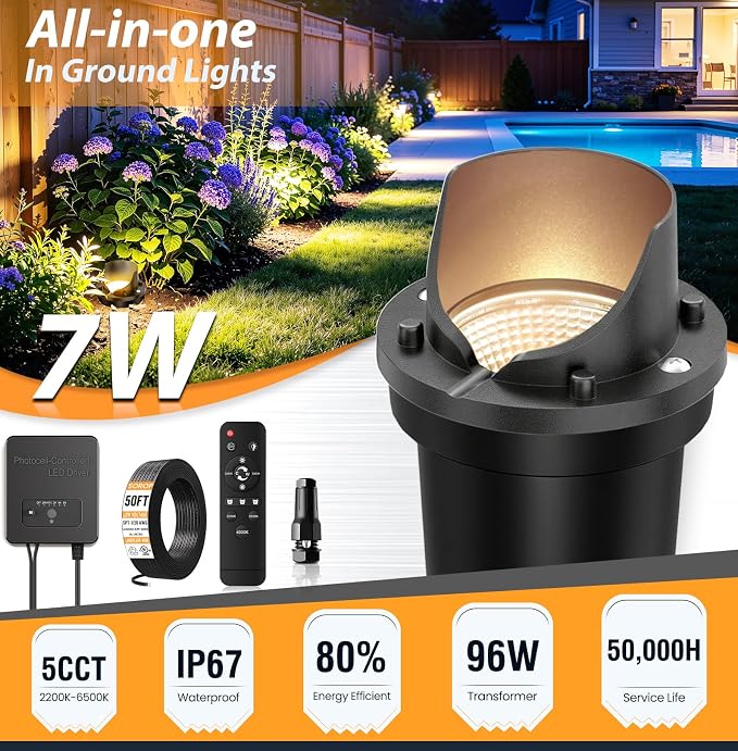 Low Voltage Landscape Lighting Kit, Well Lights with 144W Transformer & Wires, 5CCT In-ground Lights IP67 Waterproof 12-24V AC/DC Outdoor Path Lights for Garden Yard, 6 Pack
