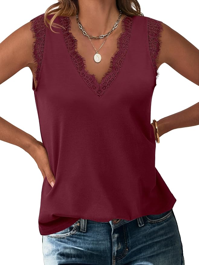 ANRABESS Womens Lace Trim Tank Tops V Neck Sleeveless Shirts 2026 Summer Casual Trendy Dressy Cami Top