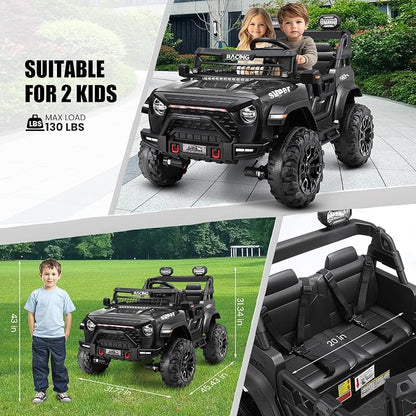 Hikole 24V Ride on Car with Remote Control, 2 Seater Electric Car for Kids w/20 Inch Wide Seat, 4x100W Motor, LED Headlight & Music Player, Power Car Wheels Ride on Toys for Boys Girls, Black