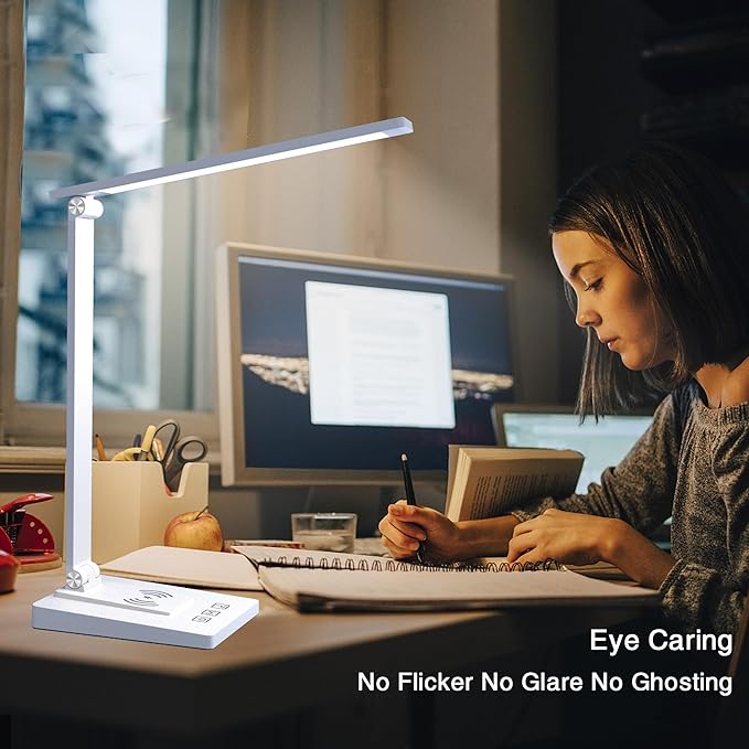 LED Desk Lamp with Wireless Charger and USB Charging Port,Desk Lamps for Home Office,Study Dimmable Table Lamp Desk Light,5 Colors Stepless Dimming,Eye-Caring Desk Lamp for College Dorm Room