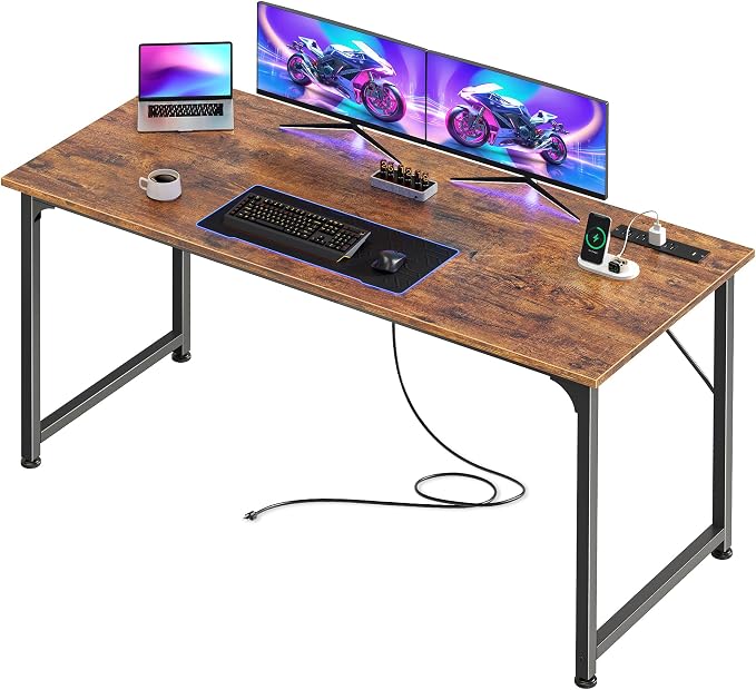 PRAISUN 55 X 20 Inch Computer Desk, Power Outlets, USB-C, Rustic Brown | Office Desk with 4 AC Outlets, USB & USB-C, Sturdy Metal Frame, Spacious Desktop for Work, Writing, Study & Gaming