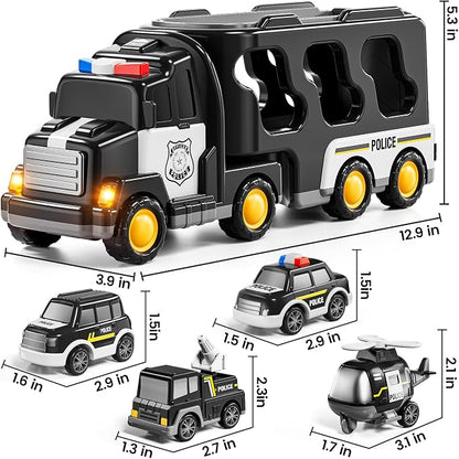 JUKUDAHU Police Truck Toy for 3 4 5 6 Years Old Boys - Carrier Vehicle Toy Set with 3 Small Cars and 1 Helicopter, Kids Firction Powered Car for Age 3-9, Gifts for Boys and Girls