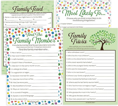 DISTINCTIVS Family Reunion Game Pack - Family Trivia, Most Likely to, Family Feud & Find the Family Member - 4 Game Set for 20 Guests