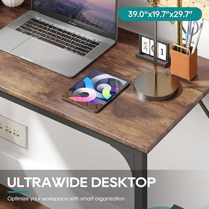 BestOffice Computer Desk,Home Office Desk, Modern Simple Style for Home Office Study Writing (Brown, 39 Inch)