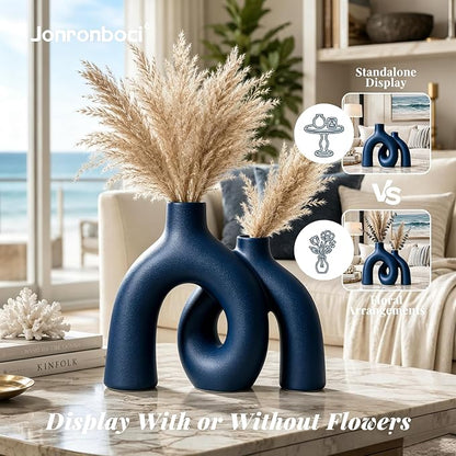 Hug Donut Decorative Vase Set - Navy Blue Vase, Modern Coastal Style Vases Home Decor, Matte Ceramic Decorations for Living Room Shelf, Bookshelf Mantle Entryway Table or Console Décor (Navy Blue) | Decorative Sculptural & Flower Vase for Living Room, ...