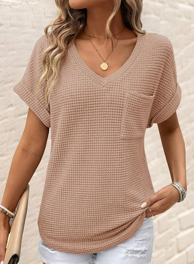 Dokotoo Womens Waffle Knit Tops 2026 Spring Summer V Neck Shirts Casual Trendy Women's Blouses Basic Tee