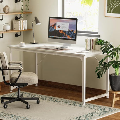 Huuger Computer Desk, 63 Inch Office Desk, Gaming Desk with Storage, Writing Desk Work Desk for Home Office, Study, Modern Simple Desk, Large Legroom, Metal Frame, White