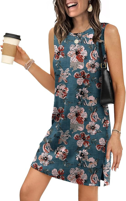 WIHOLL Casual Dresses for Women Crewneck Sleeveless Tank Dress Summer Spring Boho Vacation Clothes