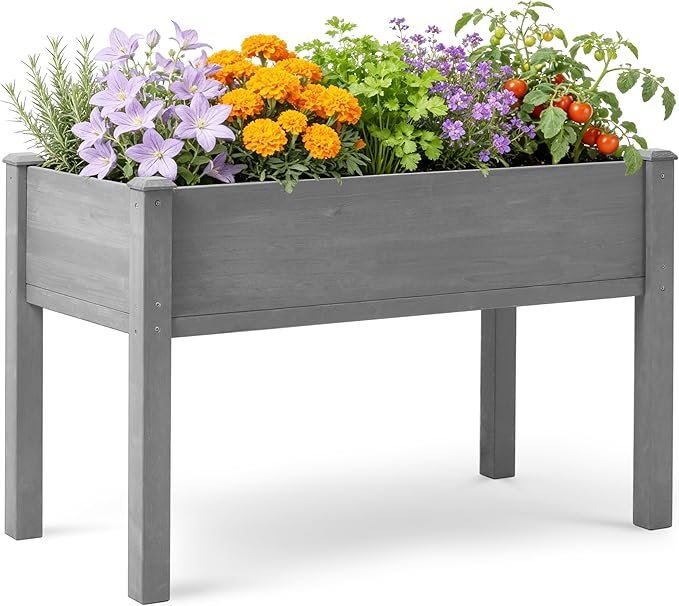 SoliWood Raised Garden Bed with Legs, 48x24x30'', Outdoor Wood Elevated Planter Box, Grey Cedar, Thick Legs, w/Liner