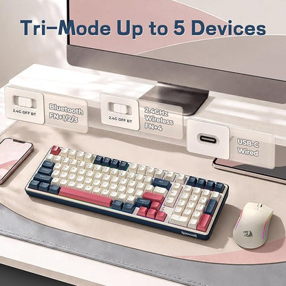 Redragon K528 Wireless Gaming Keyboard Bluetooth Computer Keyboards Creamy Cute with Number Pad RGB Backlit Tri-Mode BT/2.4GHz/USB-C, 4000mAh Battery for Win/MAC- Dusty Olive