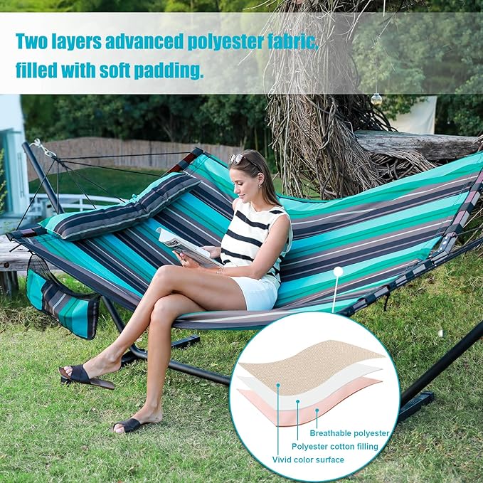 TegerDeger 12FT 2 Person Hammock Large Hammock 450LB Capacity with V Shaped Hardwood Spreader Bar & Nylon Rope for Outside, Patio, Garden, Backyard, Beach, Poolside - Teal Stripes