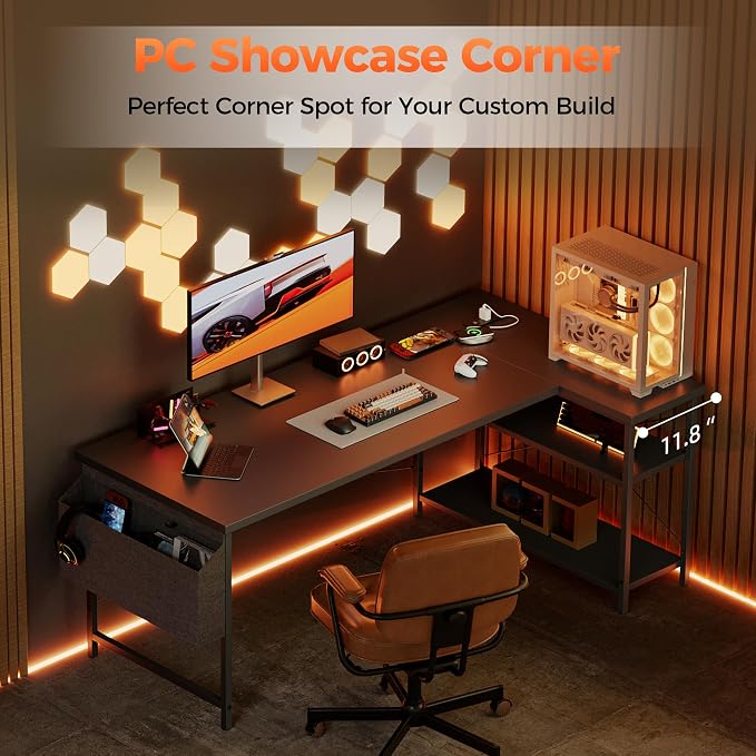 Mericonia 39 inch Corner Desk with Shelves, Small L Shaped Gaming Desk | Reversible Computer Desk with Power Outlets & Storage Bag, Office Table for Home Bedroom Study Work Writing