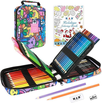 H & B Art Supplies, 72Pack Drawing Supplies for Adults, Drawing Kit with Holiday Coloring Book, Oil-Based Colored Pencils for Artists
