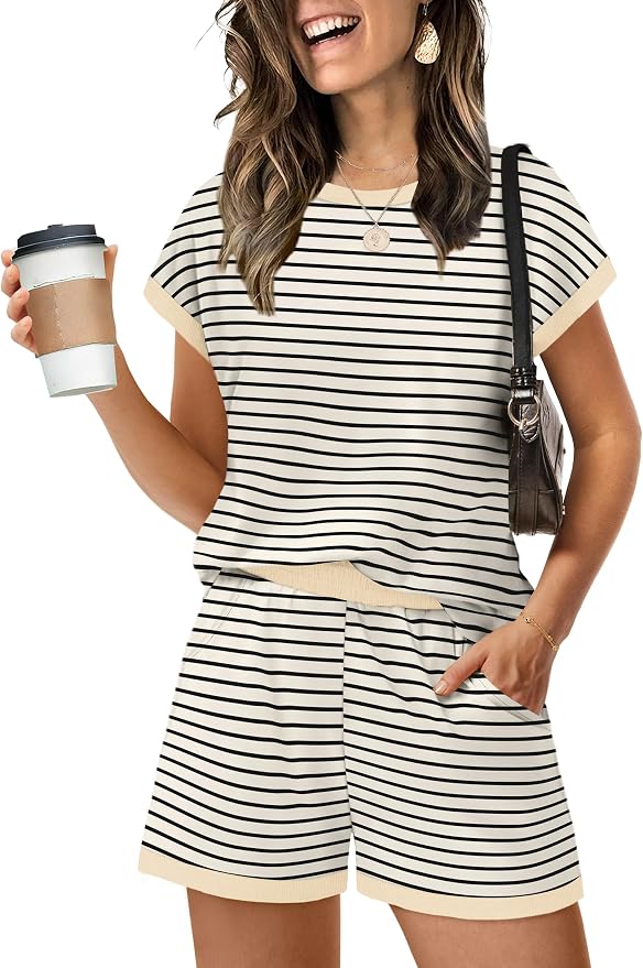WIHOLL Two Piece Sets for Women Summer Lounge Short Sets Cap Sleeve Crew Neck Sweatsuit with Pocket XS-2XL