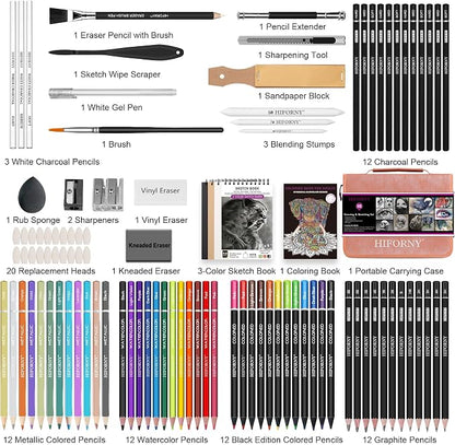 HIFORNY 100 PCS Drawing & Sketching Set, Professional Art Supplies with Graphite,Charcoal, Colored,Watercolor,Metallic Pencils,Blending Tools,Sketchbook and Coloring Book in Zipper Case (Pink)
