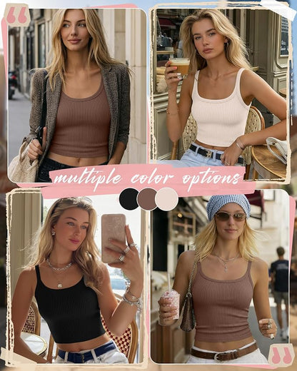 Ficerd 3 Pack Women's Tank Tops 95% Cotton Spaghetti Strap Ribbed Crop Camisole Slim Fitted Basic Summer Sleeveless Layer