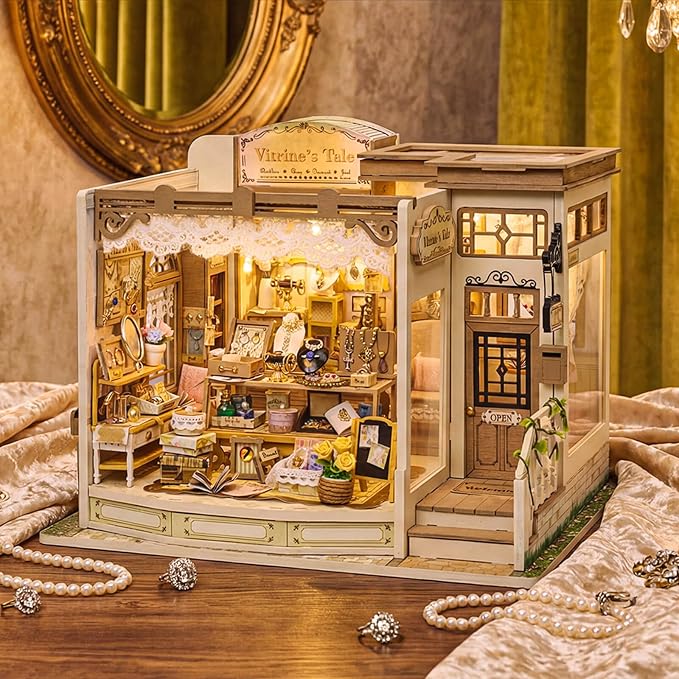 fifijoy DIY Miniature Dollhouse Kit - Jewelry Shop DIY Miniature House Kit for Adults and Teens, 3D Wooden Puzzle Tiny House Model with LED Light, Unique Gift for Family, Friends (Vitrine’s Tale)