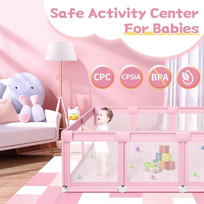 Pink Large Baby Playpen, Playpen 74x50 for Girl, Large Baby Play Yards Indoor & Outdoor, Sturdy Safety Girls Play Pen with Soft Breathable Mesh, Toddlers Activity Center with Anti-Slip Base