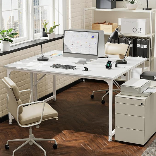 PRAISUN 55 X 20 Inch Computer Desk, Power Outlets, USB-C, White | Office Desk with 4 AC Outlets, USB & USB-C, Sturdy Metal Frame, Spacious Desktop for Work, Writing, Study & Gaming