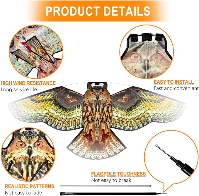 Bird Hawk Flying Kite with Pole Crop Protector Bird Scare Kites with 4m Pole - Owl Kite