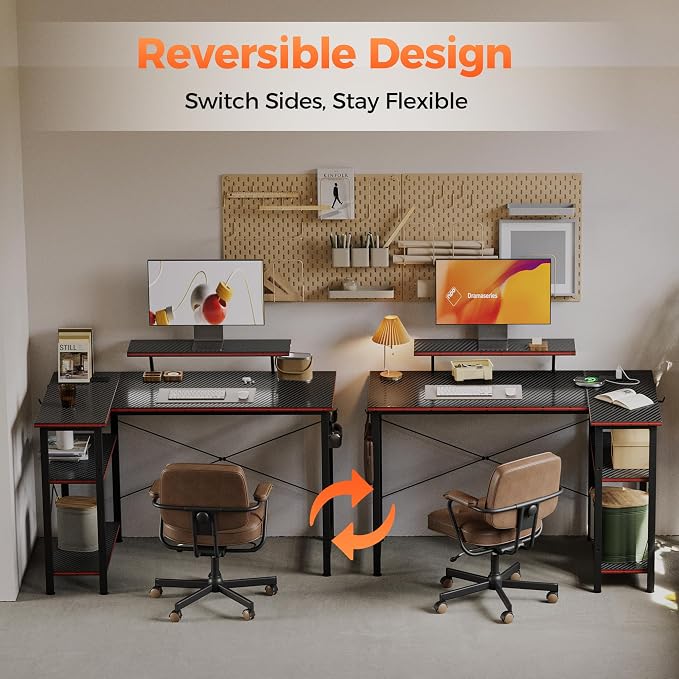 Mericonia 40 in Corner Desk with Monitor Stand, Small L Shaped Gaming Desk | Reversible Computer Desk with Power Outlets, LED Light & Storage Shelves, Office Table for Home Bedroom Study Work Writing