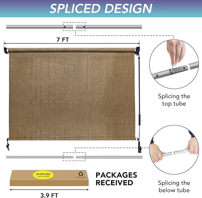 KANAGAWA Outdoor Roller Shade 7'X6' Walnut Exterior Cordless Patio Roll Up Shades for Outside Pergola Porch, Outdoor Blinds for Patio