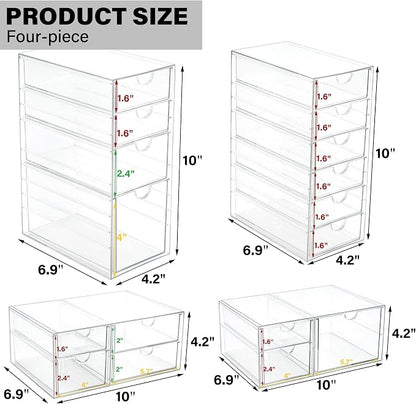 Prsildan 17 Drawers Teacher Toolbox Office Supply Organizer, Set of 4 | Clear Acrylic, Pull Out, Craft Desk Art Supply Accessories Vanity Countertop Bathroom Kitchen Cabinet Makeup Storage