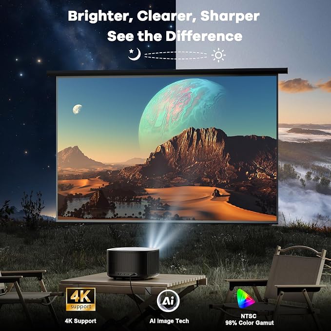Outdoor-Projector-4K with WiFi and Bluetooth:[3500 Bright/60W Dolby Audio/Official Licensed Apps],Smart-Projector with AI Auto Focus,ONOAYO ONO5Pro 2.0 Movie Projector for Indoor/Outdoor 2026New