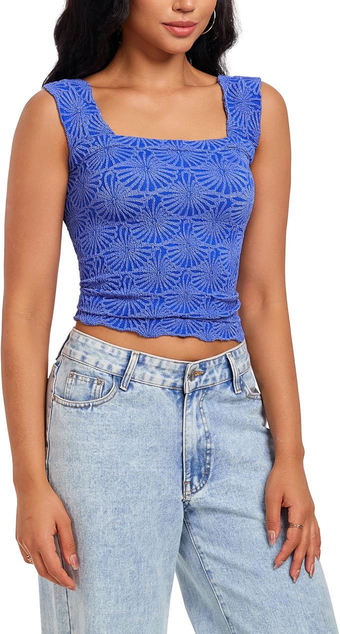 Women's Square Neck Wide Strap Crop Tank Tops Flower Going Out Tops Slim Fit Lettuce Trim Crop Cami Tops