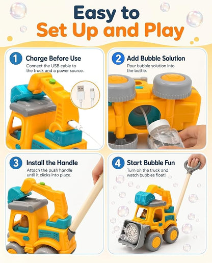 Excavator Automatic Bubble Machine for Toddler Kid Toy 3 4 5 6 7 8 Year Old Little Boy Girl Gift Lawn Mower Maker Blower Summer Outdoor Push Toys Easter Christmas Birthday Present