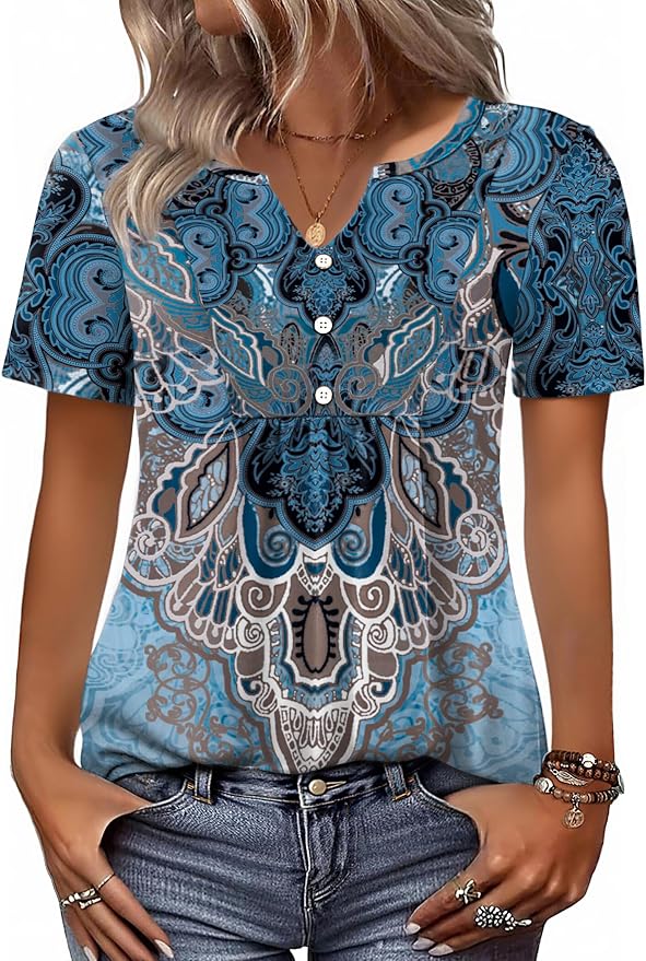 Zeagoo Womens Short Sleeve Tops Summer Henley V-Neck Tshirts Casual Pleated Blouse Dressy Loose Floral Basic Tee