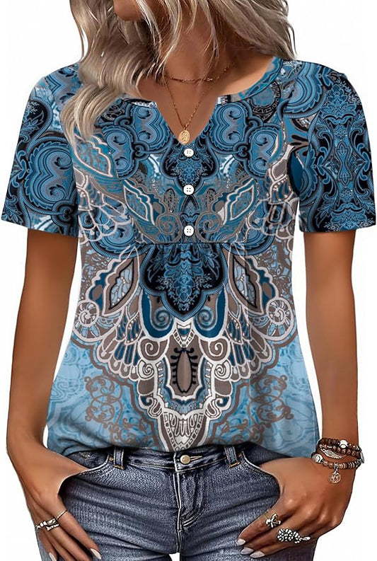Zeagoo Womens Short Sleeve Tops Summer Henley V-Neck Tshirts Casual Pleated Blouse Dressy Loose Floral Basic Tee