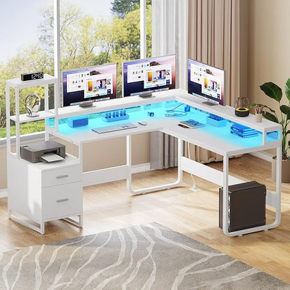 YITAHOME L Shaped Desk with Power Outlets & Hutch, Computer Desk with Drawers & LED Lights, Reversible Corner Office Desk with Printer Stand for Home Office, White