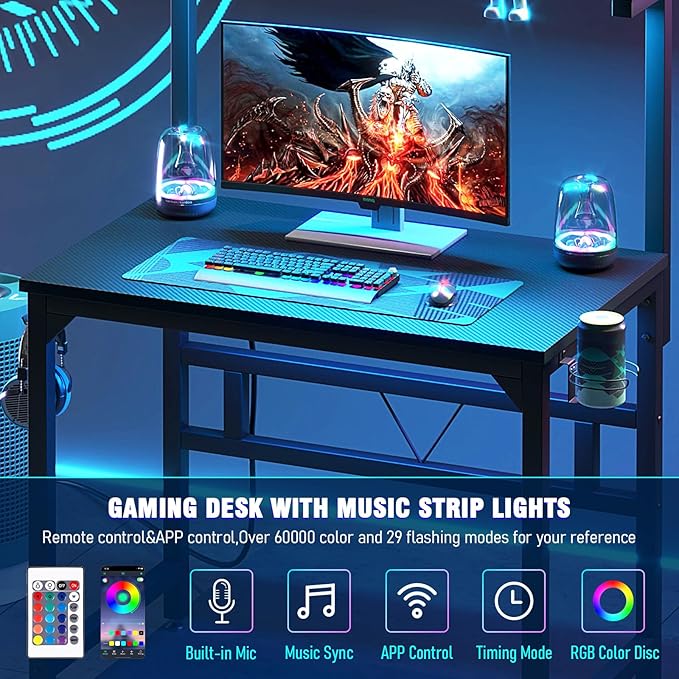 Gaming Desk with Power Outlets & LED Strip Lights,80CM Industrial Writing Desk with Adjustable Monitor Stand, Cupholder and Headphone Hook for Home Office Black