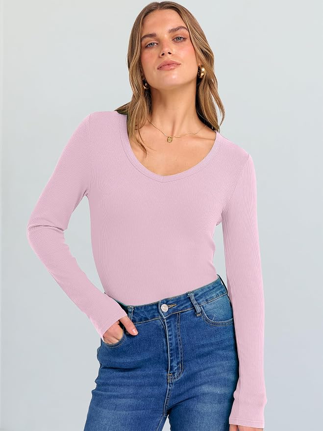 ANRABESS Long Sleeve V Neck Shirts for Women | Soft Comfy Ribbed Knit Fitted Tshirts, Casual Going Out Tops, 2026 Trendy Basic, Fall Winter Underscrub Layering Clothes