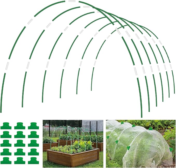 60PCS Garden Hoops for Raised Beds, 8FT Rust-Free Fiberglass Greenhouse Hoops, DIY Frame Stake to Create Grow Tunnels, Plant Support Row Covers & Garden Netting, 40Pcs Clips